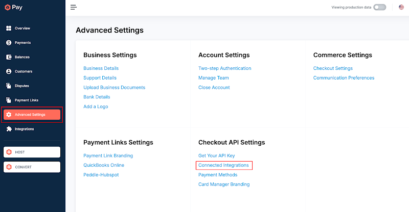 ConvesioPay portal, Advanced Settings with Connected Integrations highlighted