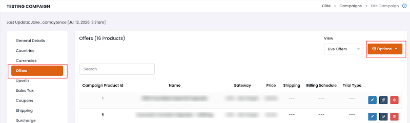Offers options menu with Batch Update