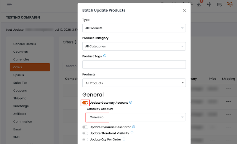 Batch Update Products modal with Gateway Account set to Convesio