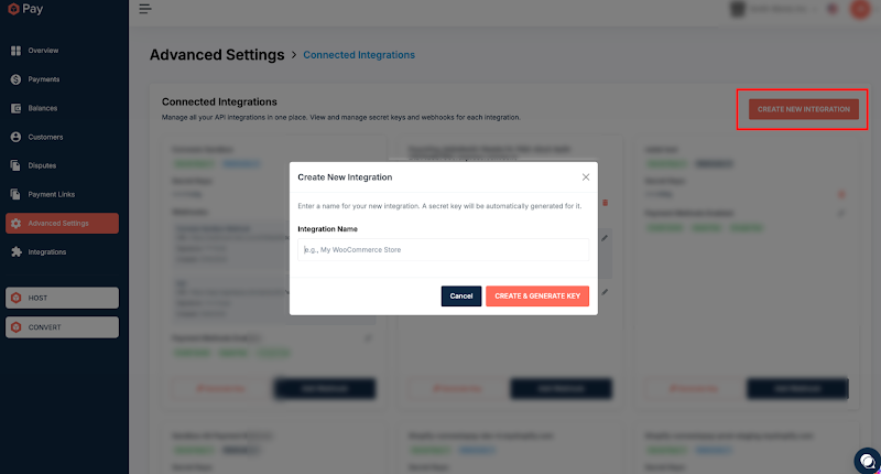 Create New Integration dialog, naming the integration