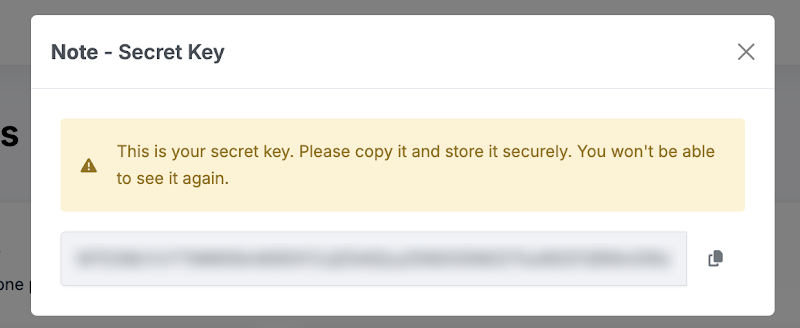 Secret key popup shown after Create and Generate Key