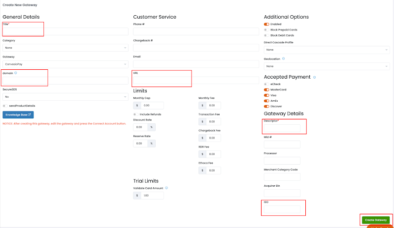 The green Create Gateway button in Checkout Champ