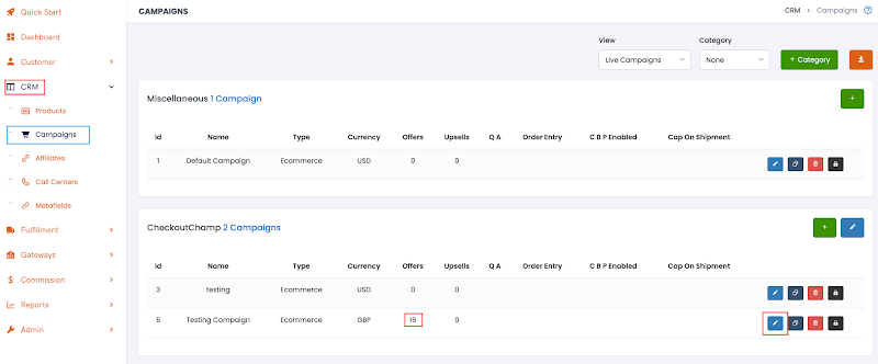CRM Campaigns list with the blue edit icon